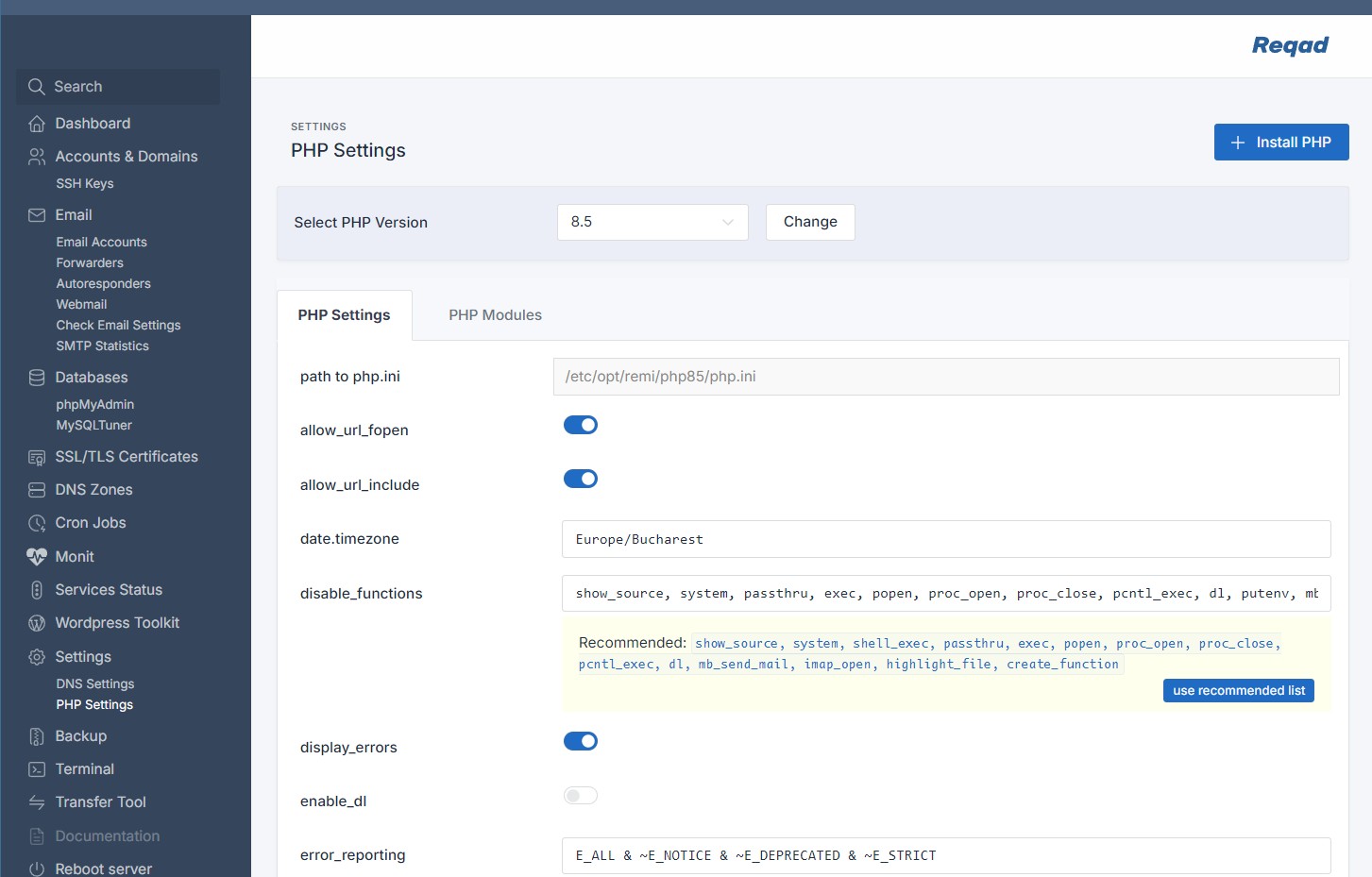 Reqad PHP settings