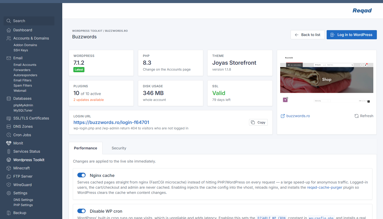 Reqad WordPress Toolkit - site overview and performance settings