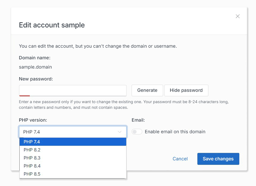 Changing an account's PHP version in Reqad